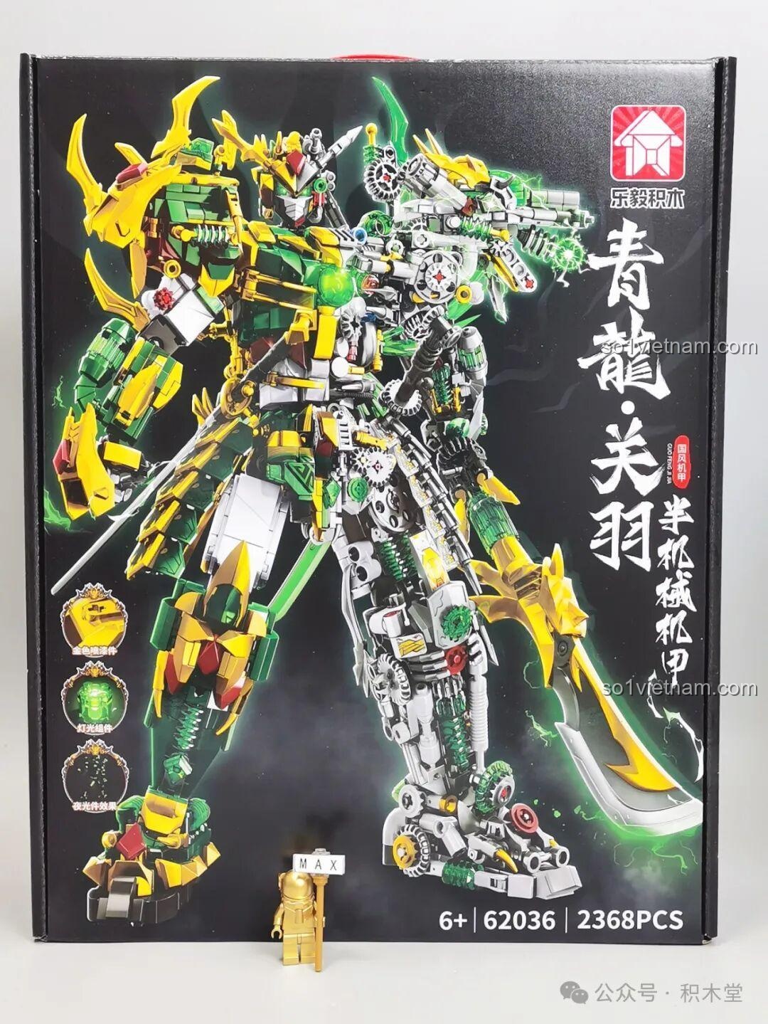 Mặt trước hộp mô hình Thanh Long Quan Vũ Bán Cơ Khí Giáp 62036, nổi bật với hình ảnh robot màu xanh lá và vàng.