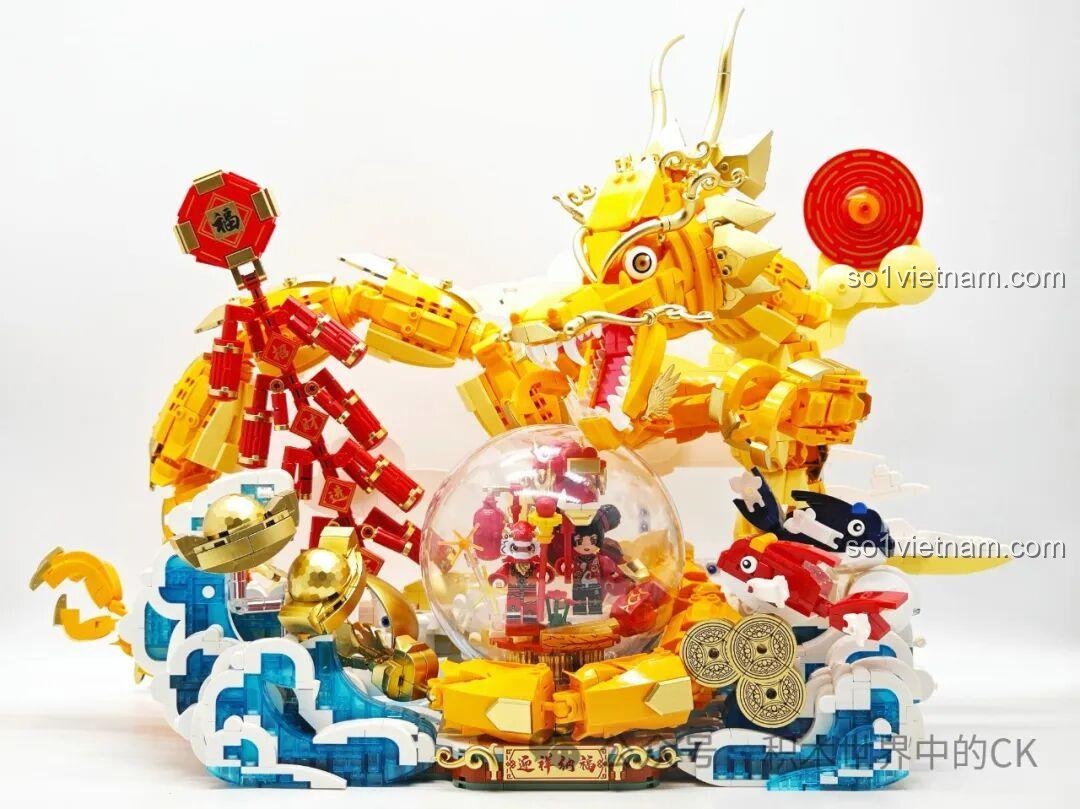 Thành phẩm mô hình Rồng Vàng Ôm Ngọc Keeppley K19908, một tác phẩm nghệ thuật hoành tráng và đầy màu sắc.