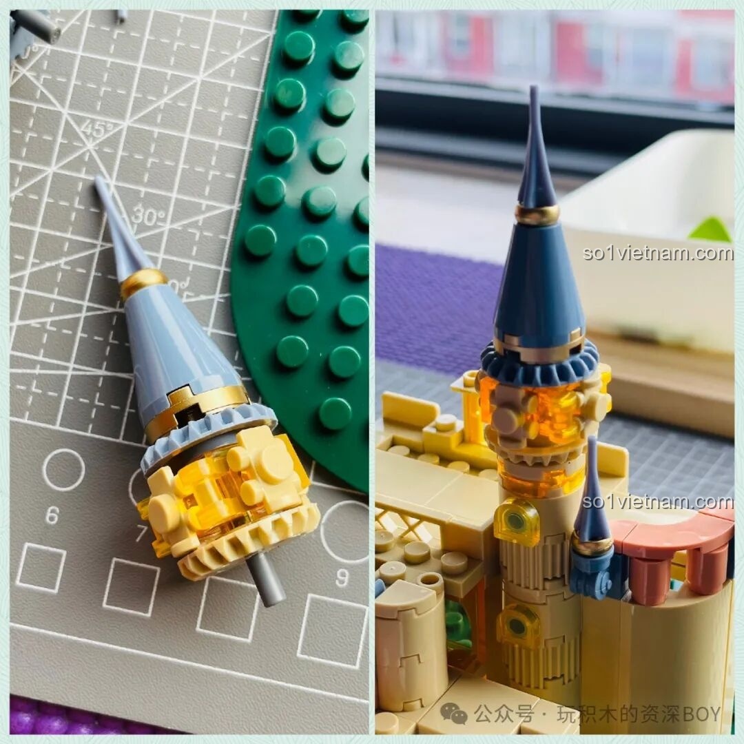 Lắp ráp tháp chính của Lâu Đài Hoa Rừng Femibox S2238 với mái vòm xanh và đồng hồ, điểm nhấn trung tâm.