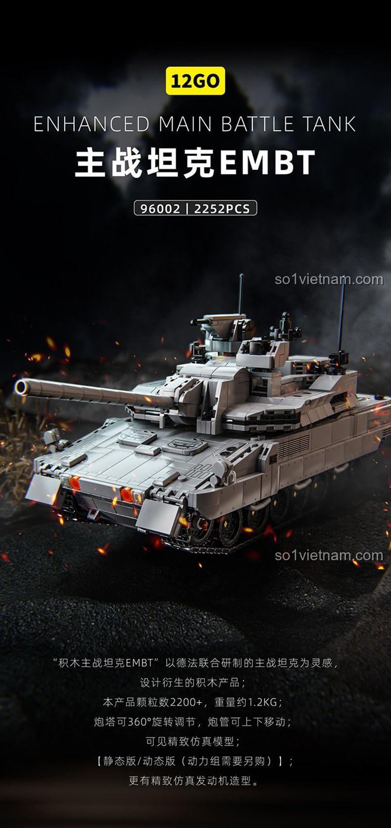 Tháp pháo xoay của mô hình xe tăng chiến đấu chủ lực EMBT 12GO 96002, đồ chơi lắp ráp quân sự cho bé trai 6 tuổi, chi tiết cao, có điều khiển từ xa
