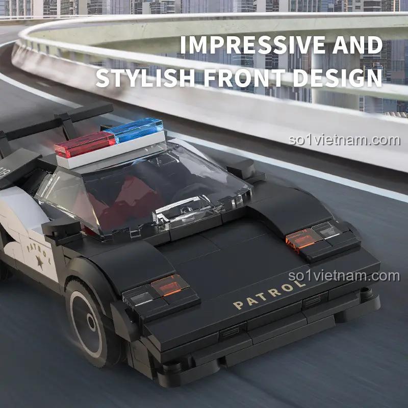 Cận cảnh thiết kế đầu xe cảnh sát tuần tra cao tốc Xbert 66118, đèn pha, lưới tản nhiệt, logo Patrol, Impressive and Stylish Front Design, đồ chơi lắp ráp