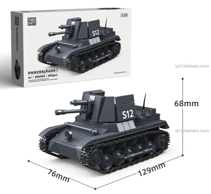 Ảnh thể hiện kích thước chi tiết của bộ lắp ghép Xe Diệt Tăng Panzerjager I Third Party 300004 (12.9x7.6x6.8 cm), giúp bố mẹ dễ hình dung, giá tốt cho bé trai 6 tuổi.
