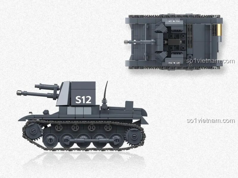 Góc nhìn từ trên xuống và bên cạnh của đồ chơi lắp ráp Mô hình Xe Diệt Tăng Panzerjager I Third Party 300004, chi tiết bánh xích và tháp pháo, cho bé trai 6 tuổi.