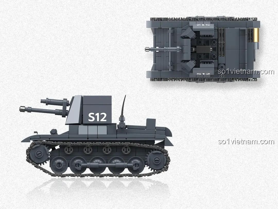 Góc nhìn từ trên xuống và bên cạnh của đồ chơi lắp ráp Mô hình Xe Diệt Tăng Panzerjager I Third Party 300004, chi tiết bánh xích và tháp pháo, cho bé trai 6 tuổi.