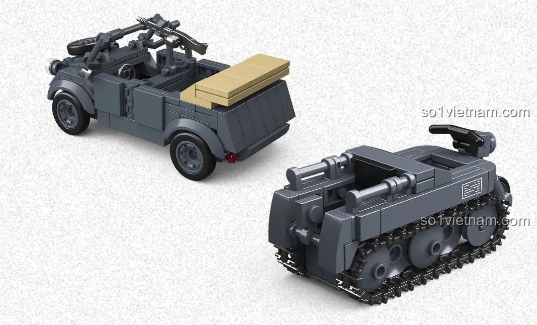 Bộ lắp ghép Xe Dã Chiến Type 82 Kubelwagen 300002 với hai mô hình xe quân sự Đức, đồ chơi lắp ghép giá rẻ.