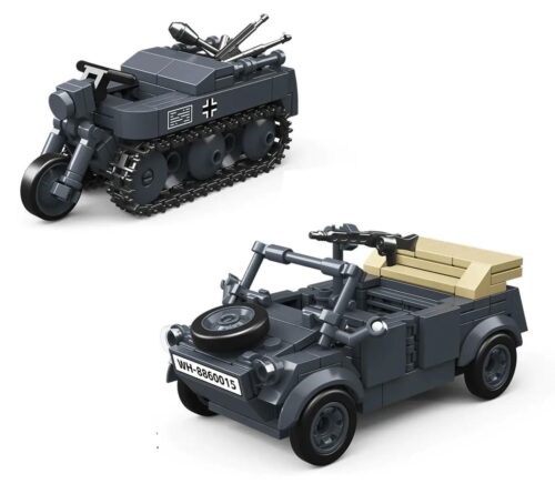 Hộp sản phẩm bộ lắp ghép Xe Dã Chiến Type 82 Kubelwagen, mô tả chi tiết hai mẫu xe, chất lượng cao.