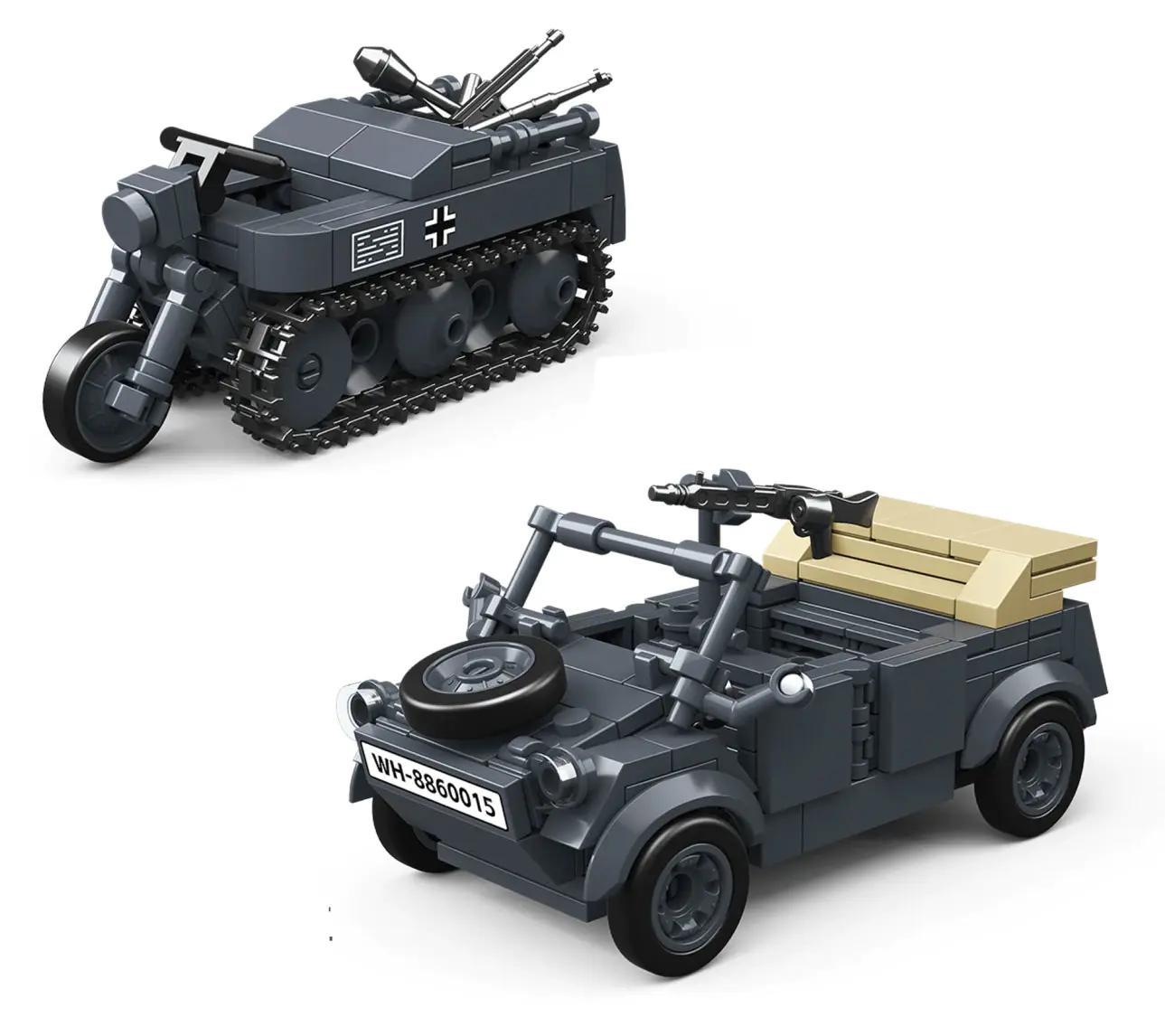 Hộp sản phẩm bộ lắp ghép Xe Dã Chiến Type 82 Kubelwagen, mô tả chi tiết hai mẫu xe, chất lượng cao.