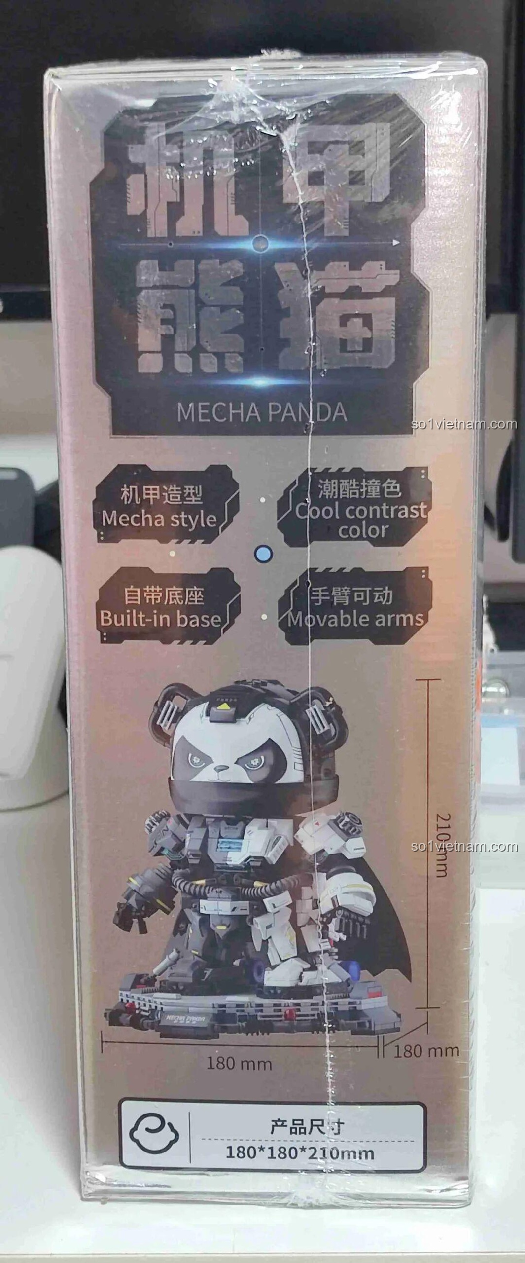 Cạnh hộp bộ lắp ghép Mô hình Gấu Trúc Phi Hành Gia Wekki 506507 ghi rõ kích thước sản phẩm là 180x180x210mm.