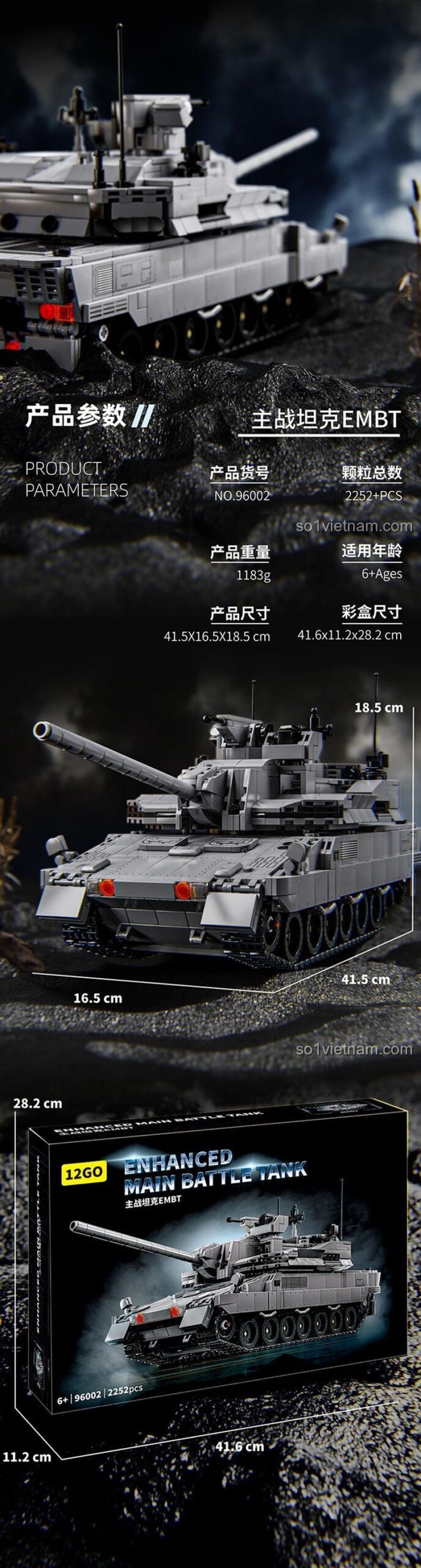 Thông số kỹ thuật xe tăng chiến đấu chủ lực EMBT 12GO 96002, đồ chơi lắp ráp quân sự cho bé trai 6 tuổi, chi tiết cao, có điều khiển từ xa