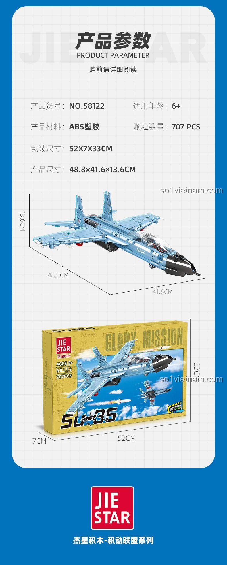 Thông số kỹ thuật của bộ đồ chơi máy bay chiến đấu SU-35 Glory Mission JIE STAR 58122, bao gồm kích thước mô hình và hộp