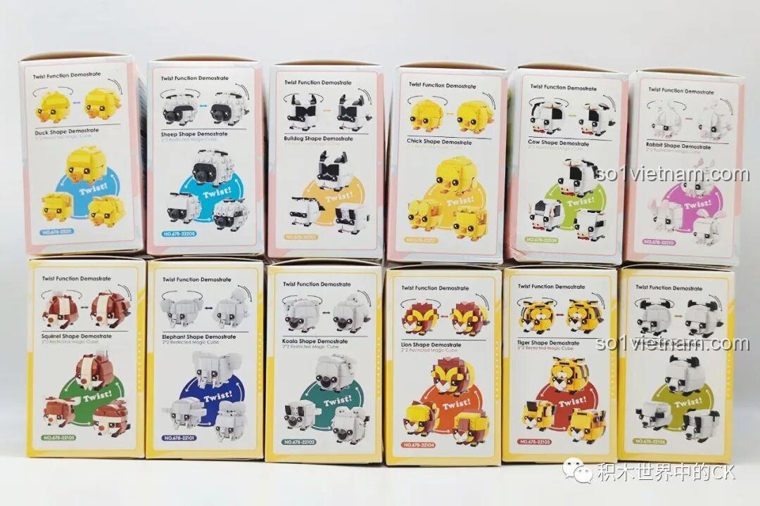 Thông tin chi tiết về các mẫu trong bộ sưu tập Khối Lập Phương Hình Thú Cưng LQFUN, bao gồm thỏ, bò, gà, cừu.