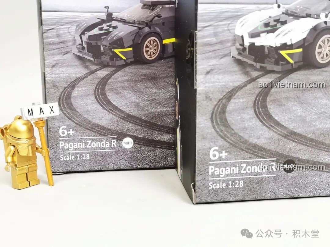 Cận cảnh thông tin trên vỏ hộp RASTAR 93900, ghi rõ tên sản phẩm Pagani Zonda R, tỉ lệ 1:28 và độ tuổi khuyến nghị 6+.