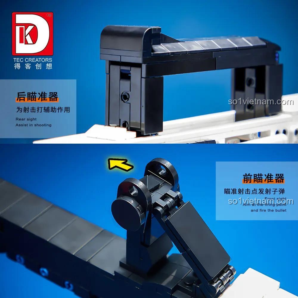 Thước ngắm trước và sau của DK Súng trường M4A1, giúp bé trai 8 tuổi tập ngắm bắn chính xác.