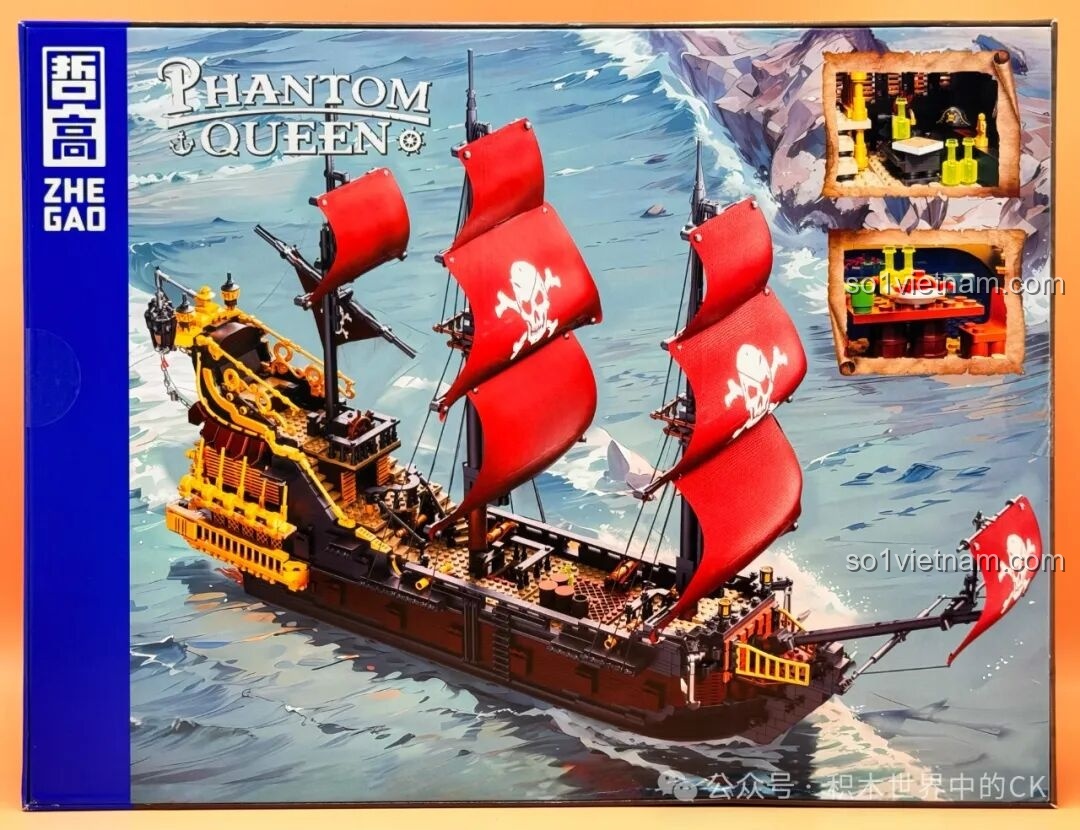 Mô hình Thuyền Cướp Biển Phantom Queen ZHEGAO 653001 nổi bật trên nền biển xanh