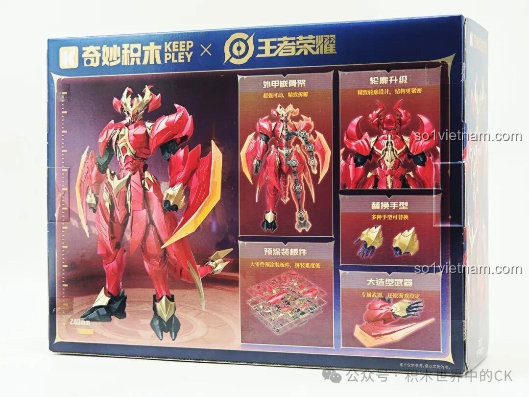 Mặt sau hộp mô hình Mecha Mặc Tử - Long Kỵ Sĩ liệt kê các tính năng nổi bật như khung xương, chi tiết sơn sẵn, tay thay thế.