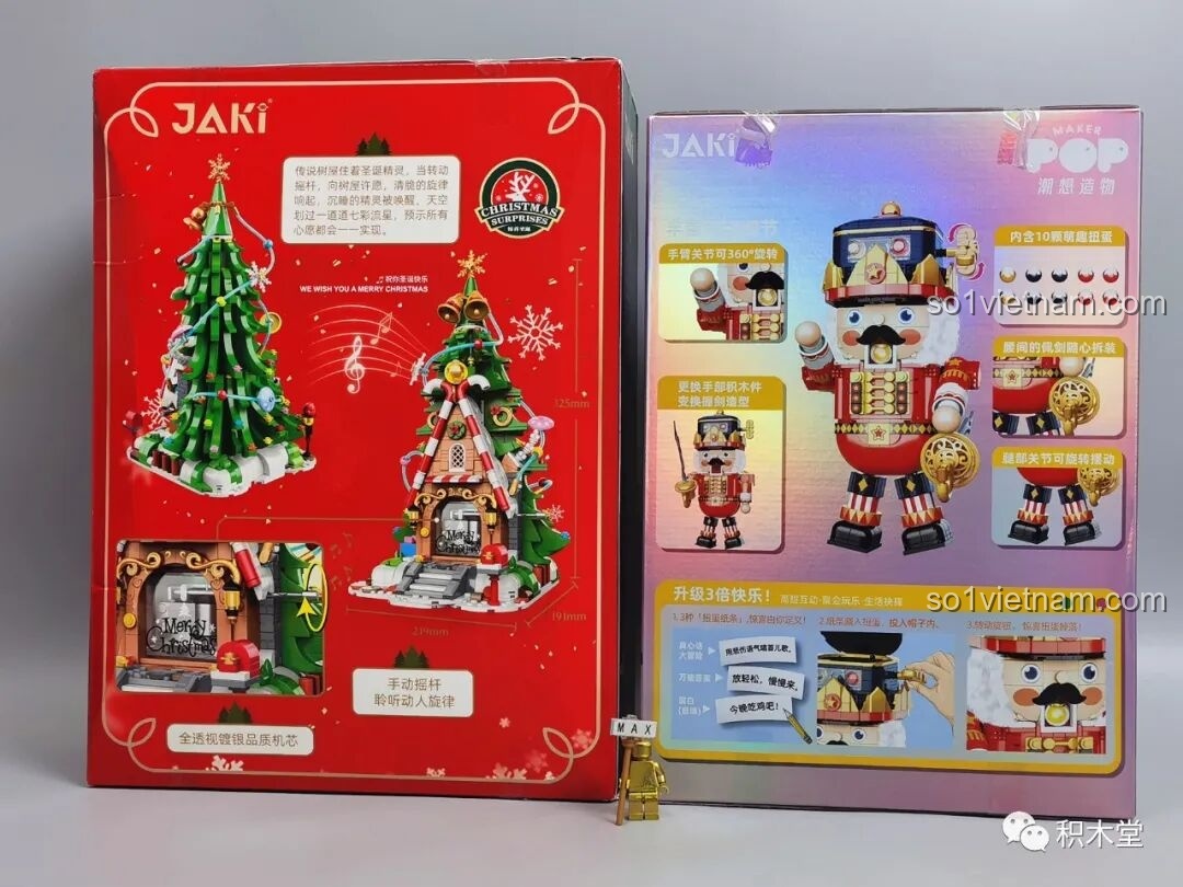 Cận cảnh các tính năng được in trên hộp JAKI, bao gồm khả năng xoay 360 độ và cơ chế thả bóng.