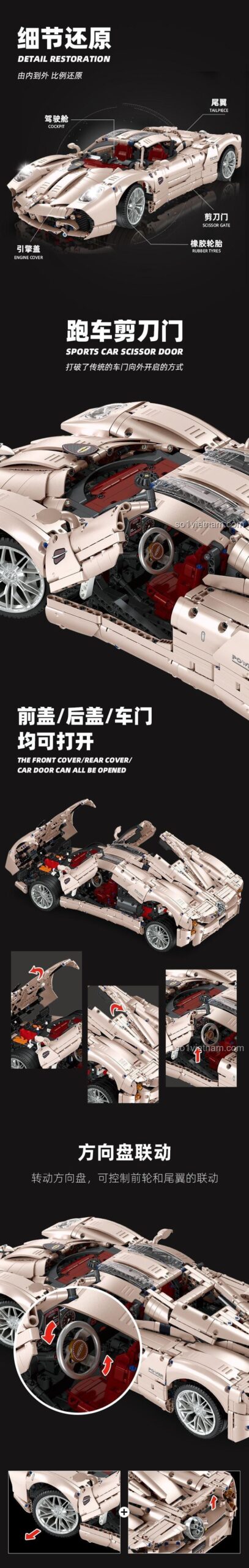 Tính năng của Xe đua Pagani Utopia JJ9210, cửa cắt kéo độc đáo, vô lăng liên kết bánh xe.