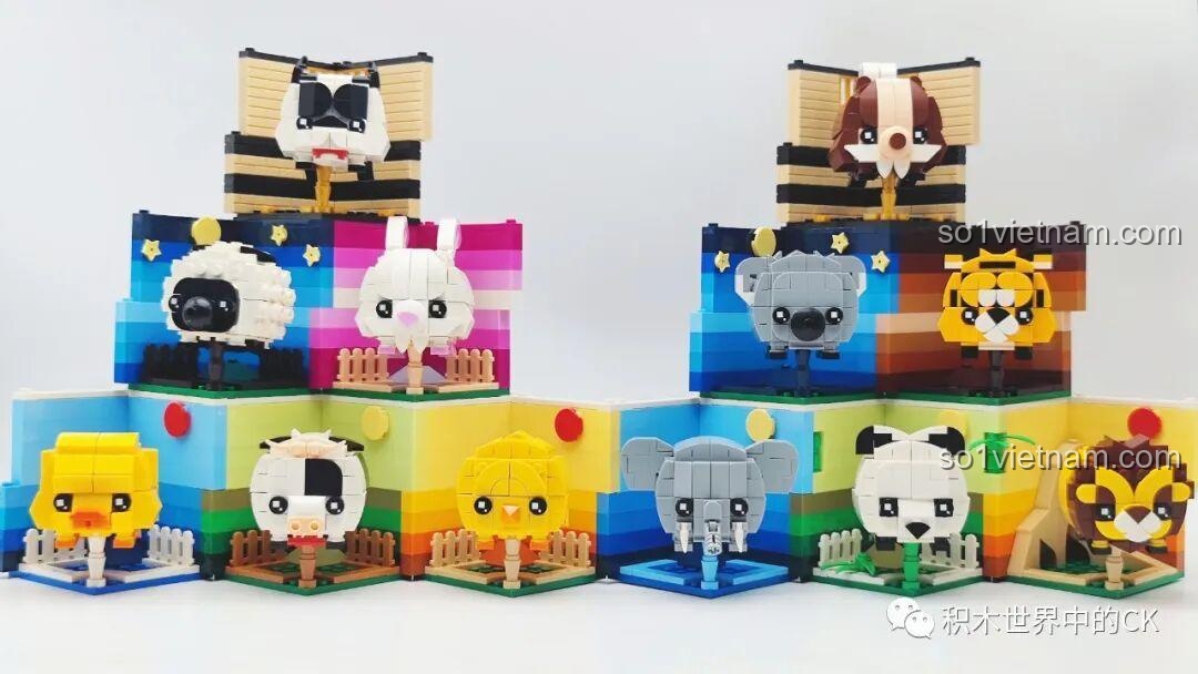 Toàn bộ 12 mô hình Khối Rubik Động Vật LQFUN từ cả hai series được xếp lại với nhau tạo thành một bộ sưu tập lớn.