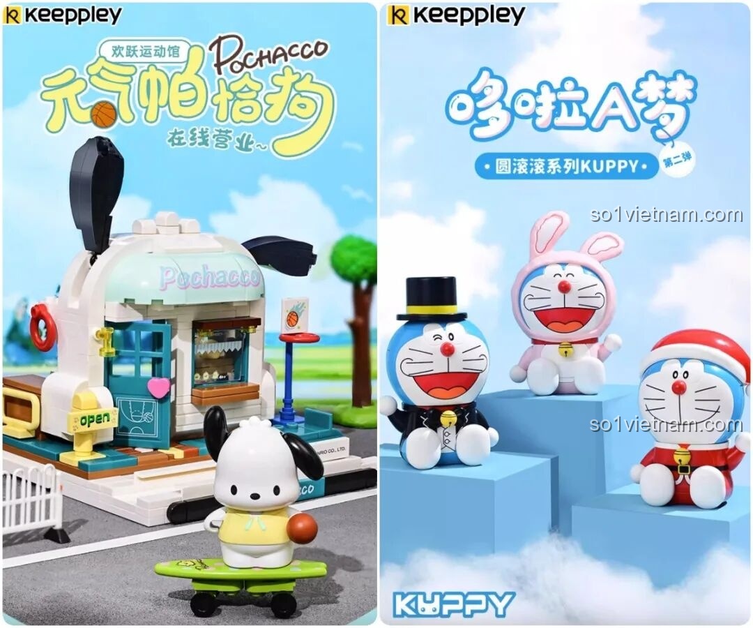 Toàn cảnh bộ sưu tập Keeppley Pochacco và Doraemon sau khi đã lắp ráp hoàn chỉnh, một thành quả thật ấn tượng.