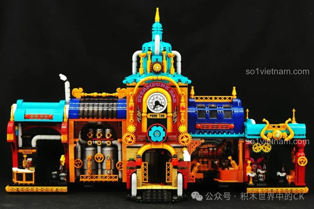 Toàn cảnh mô hình ZHEGAO 958013 Quán Bar Steampunk khi mở rộng hoàn toàn, phô diễn vẻ đẹp hoành tráng và chi tiết.