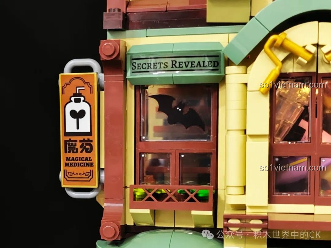 Chi tiết nội thất Lớp Ma dược của bộ Học viện Phép thuật BEBE Vẹt Con, với ống dẫn và các chai lọ ma dược.