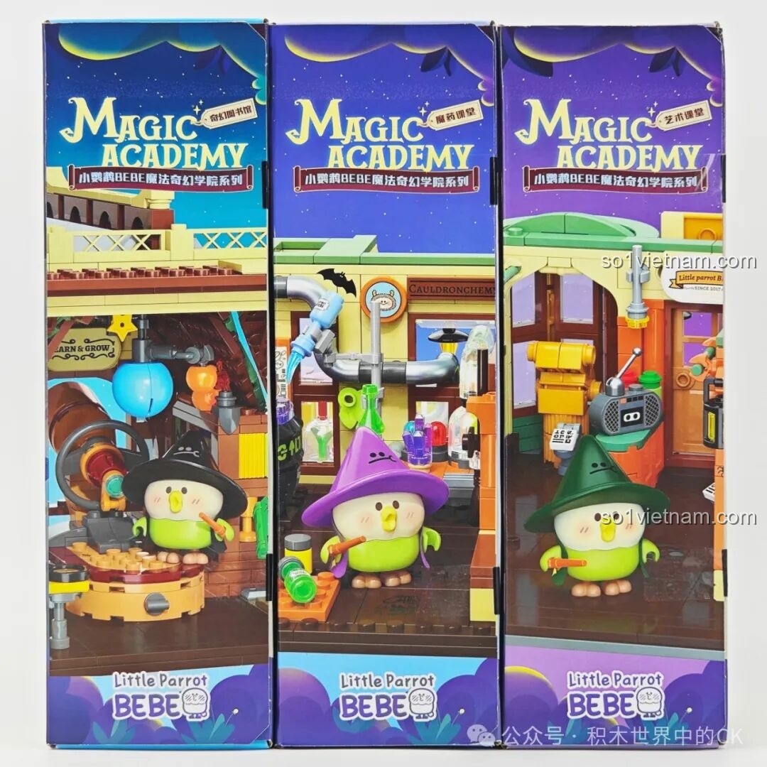 Mặt bên của hộp bộ lắp ghép Học viện Phép thuật BEBE Vẹt Con, hiển thị chi tiết module Lớp Nghệ thuật và Lớp Ma dược.