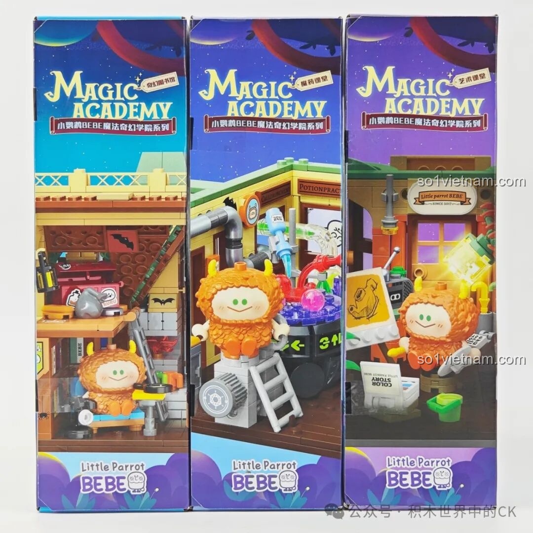 Mặt bên của hộp bộ lắp ghép Học viện Phép thuật BEBE Vẹt Con, hiển thị chi tiết module Lớp Ma dược và Thư viện Kỳ ảo.