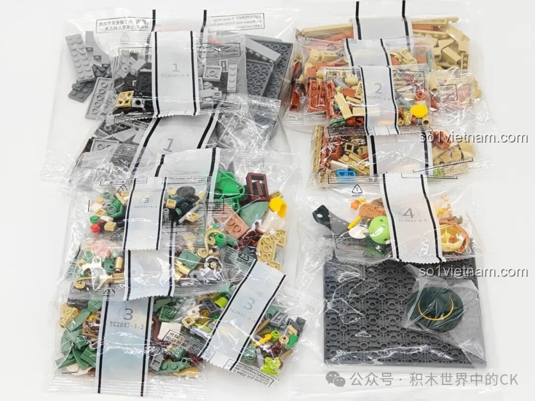 Các túi mảnh ghép được phân loại cho bộ lắp ghép Học viện Phép thuật BEBE Vẹt Con TC2037, sẵn sàng cho quá trình lắp ráp.