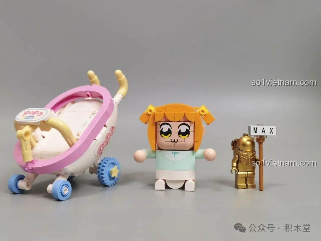 Một bước trong quá trình lắp ráp xe đẩy em bé Pop子 TOP TOY, sử dụng nhíp để gắn chi tiết.