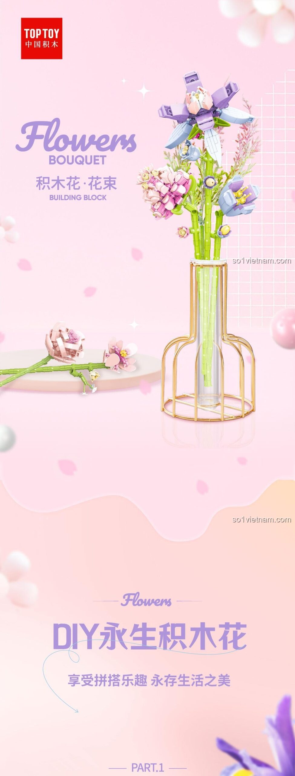 đồ chơi lắp ghép Hoa Xếp Hình TOP TOY TC1108, bó hoa xếp hình DIY, quà tặng ý nghĩa cho con gái 15 tuổi, giá rẻ