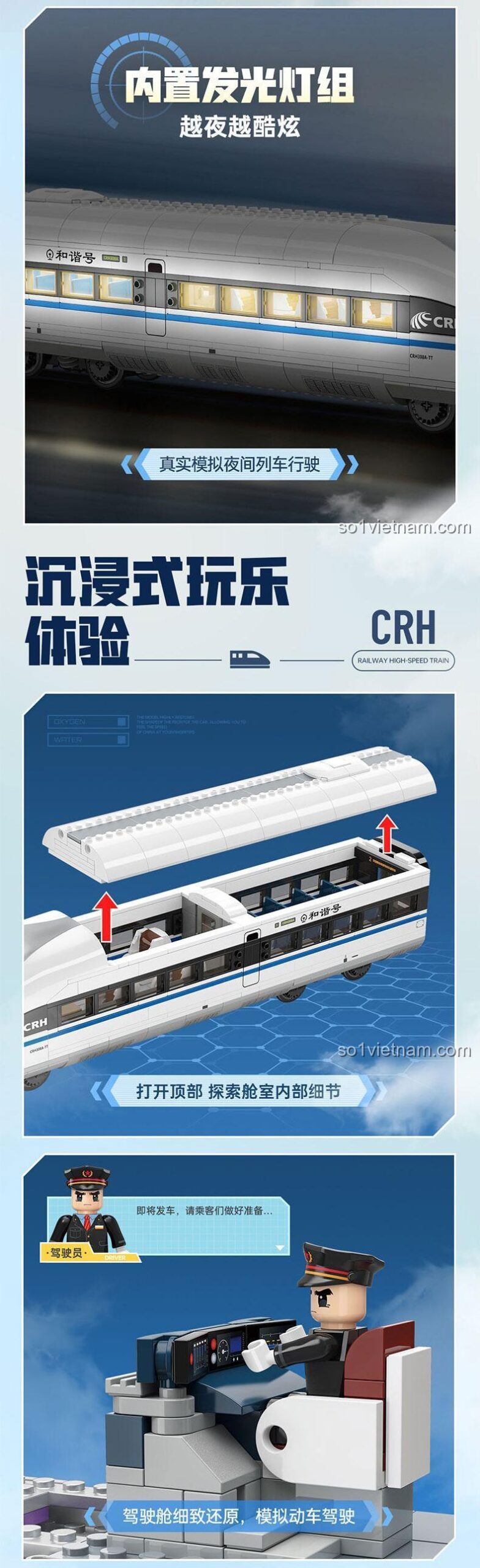 Đồ chơi lắp ráp Tàu Harmony CRH TOP TOY TC1211 có đèn LED phát sáng, mô phỏng hành trình đêm.