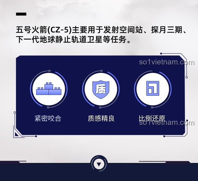 Poster quảng cáo bộ xếp hình TOP TOY TC1404 Tên lửa Trường Chinh 5, thể hiện hình ảnh tên lửa đang bay vào vũ trụ.