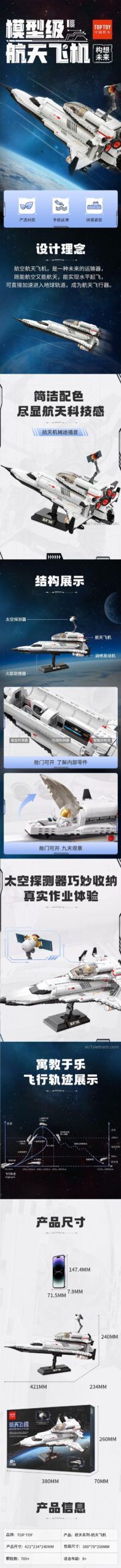 Chi tiết các tính năng của bộ xếp hình Tàu Con Thoi Vũ Trụ TC1408, bao gồm cánh tay robot, buồng lái và kích thước chi tiết.