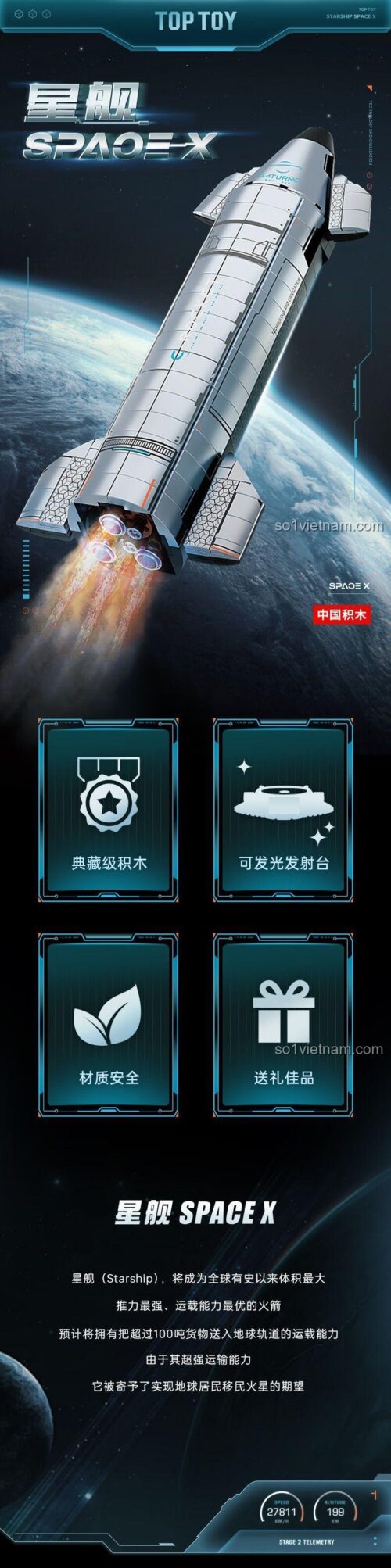 Poster đồ chơi mô hình Tên lửa Starship của SpaceX TC1409, chất lượng cao, tương thích LEGO®.