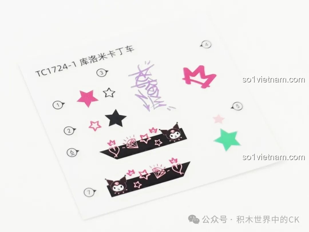 Tờ sticker trang trí xe đua Kuromi với hình vương miện và ngôi sao, thuộc bộ TOP TOY TC1724.