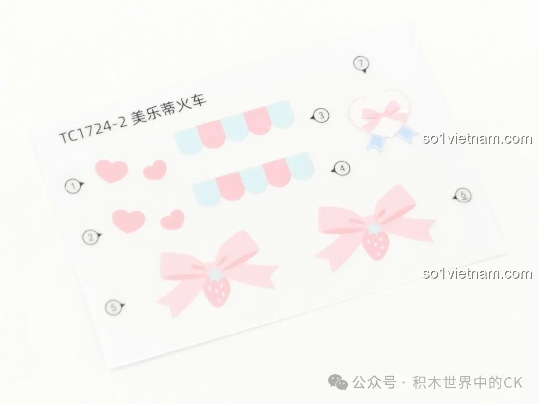 Tờ sticker trang trí tàu hỏa My Melody với hình nơ và trái tim, thuộc bộ TOP TOY TC1724.