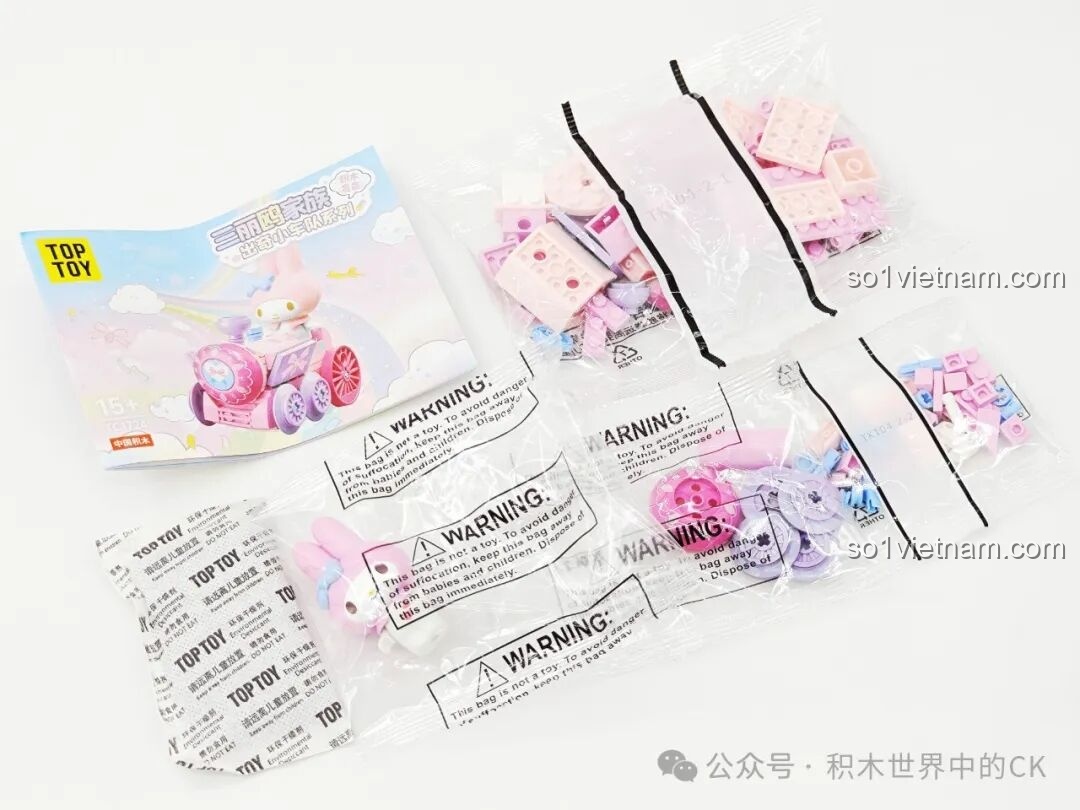 Túi mảnh ghép và sách hướng dẫn lắp ráp tàu hỏa My Melody trong bộ TOP TOY TC1724 Sanrio Characters.
