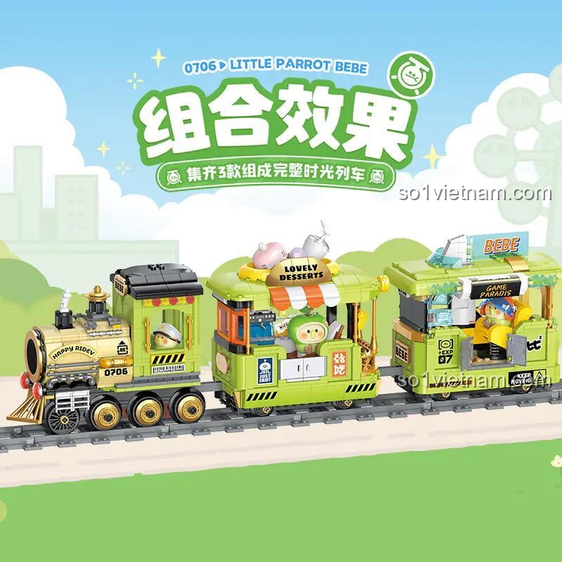 bộ xếp hình TOP TOY TC1736 Tàu hỏa Vẹt Bebe, kết hợp 3 toa tàu thành đoàn tàu hoàn chỉnh cho bé gái