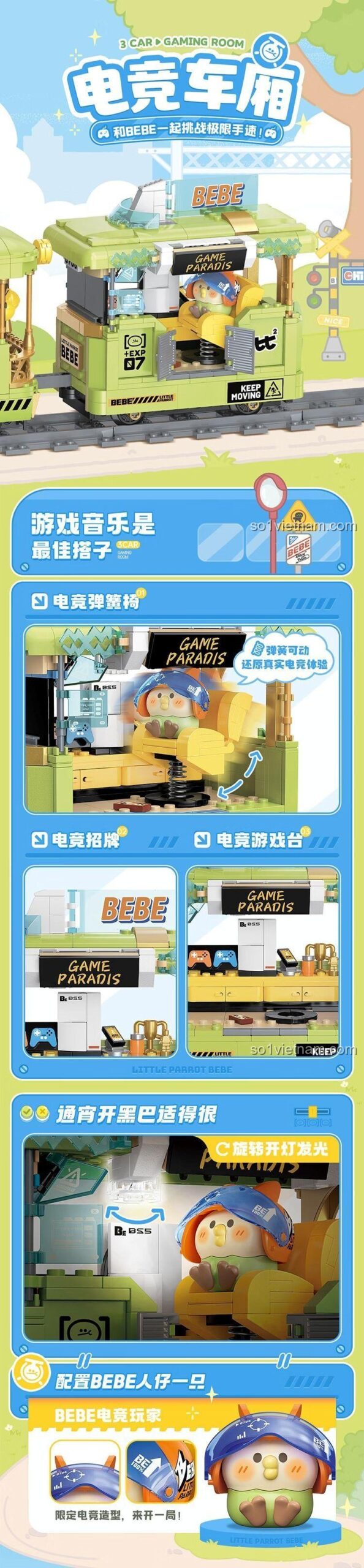 Toàn cảnh series Chuyến Tàu Thời Gian BEBE, bao gồm Toa Tàu Gaming TC1738, toa điều khiển và toa cà phê. Đồ chơi mô hình sáng tạo cho bé.