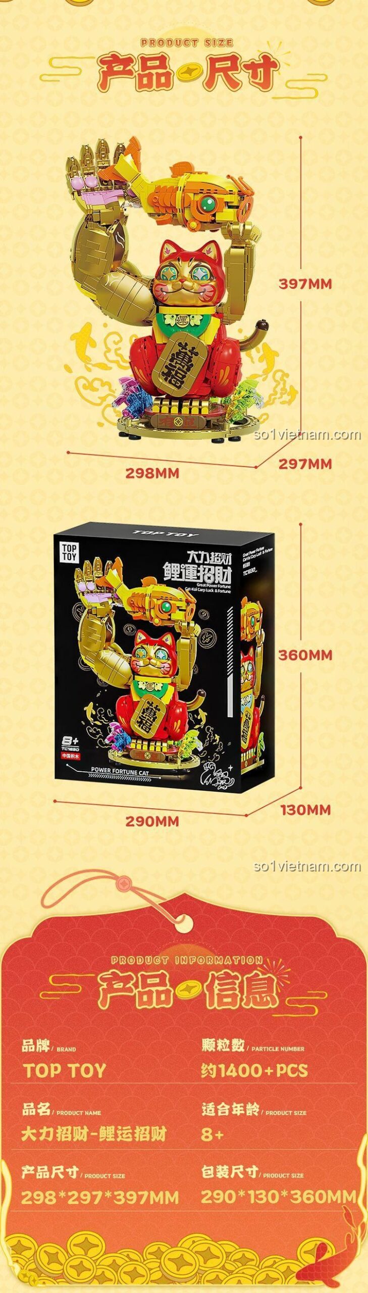 Kích thước mô hình và hộp sản phẩm bộ lắp ghép Đại Lực Chiêu Tài TC1830