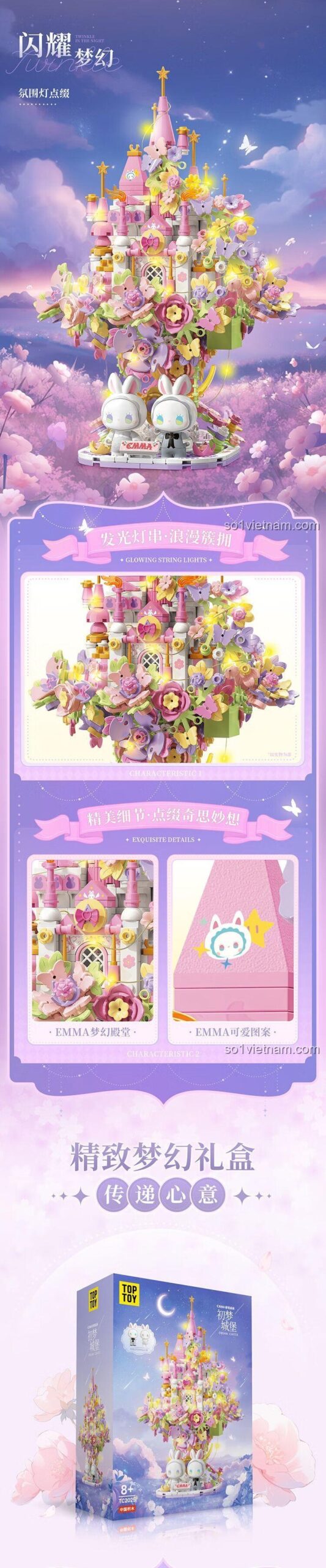 Lâu đài EMMA TC2025, đồ chơi xây dựng Lâu đài hoa, cận cảnh đèn LED và chi tiết tinh xảo của lâu đài EMMA, kích thích sáng tạo cho con gái 8 tuổi, giá đáng tiền