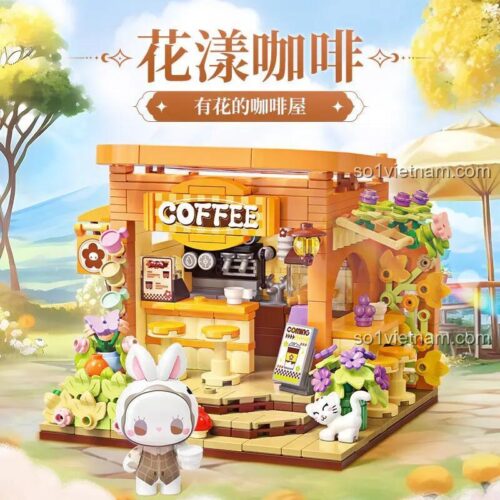 Tổng thể mô hình quán cà phê EMMA 秘境庄园:花漾咖啡 TOP TOY TC2030, có minifigure, chi tiết sinh động, màu sắc tươi sáng, phù hợp cho bé gái 8 tuổi