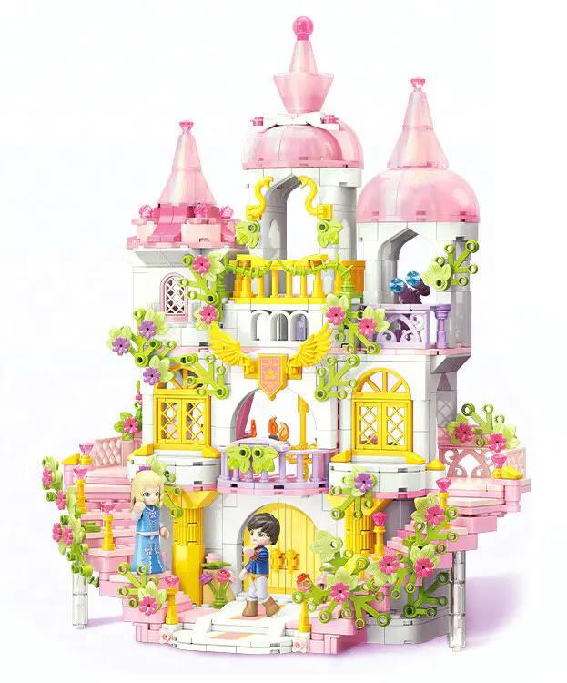 Mô hình Lâu Đài Hoa Mộng Mơ TC2033 của TOP TOY, bộ đồ chơi lắp ghép cho bé gái 6 tuổi, thiết kế lâu đài cổ tích màu hồng với nhiều chi tiết hoa lá, có 2 minifigures, kích thước mô hình 26.6x14.3x32.3cm, kích thước hộp 29x10.8x36cm