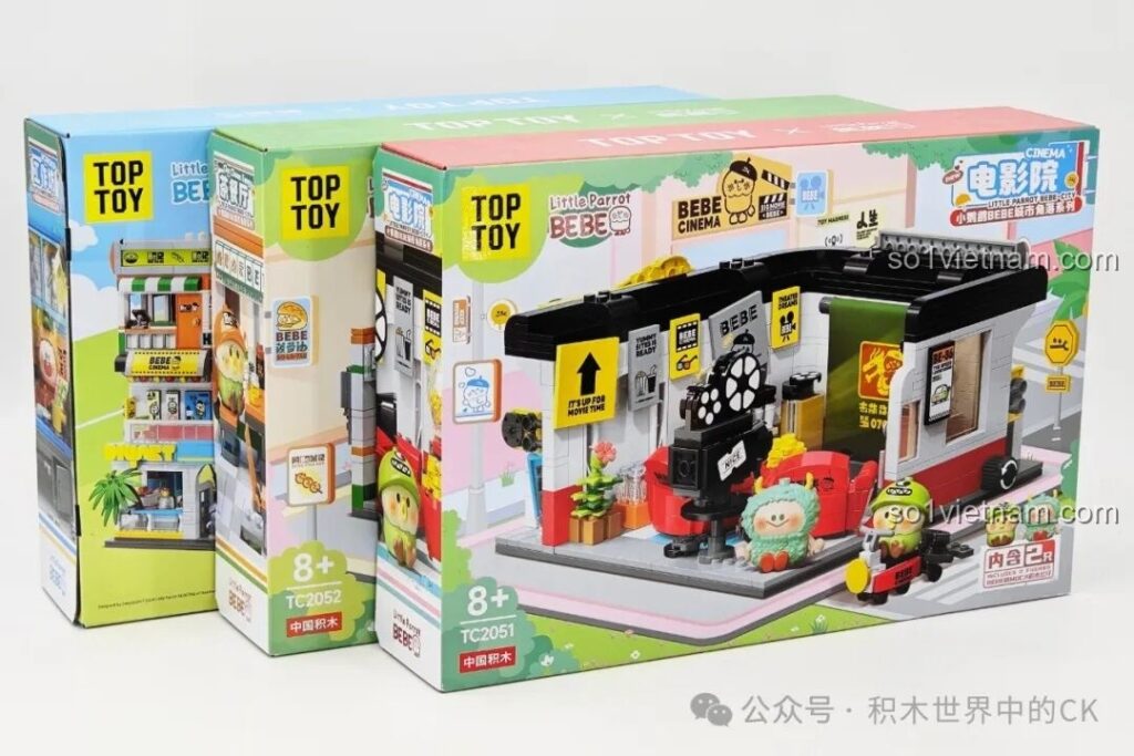 Hộp sản phẩm bộ lắp ráp TOP TOY TC2052 Trà Quán BEBE cùng với các mẫu khác trong series