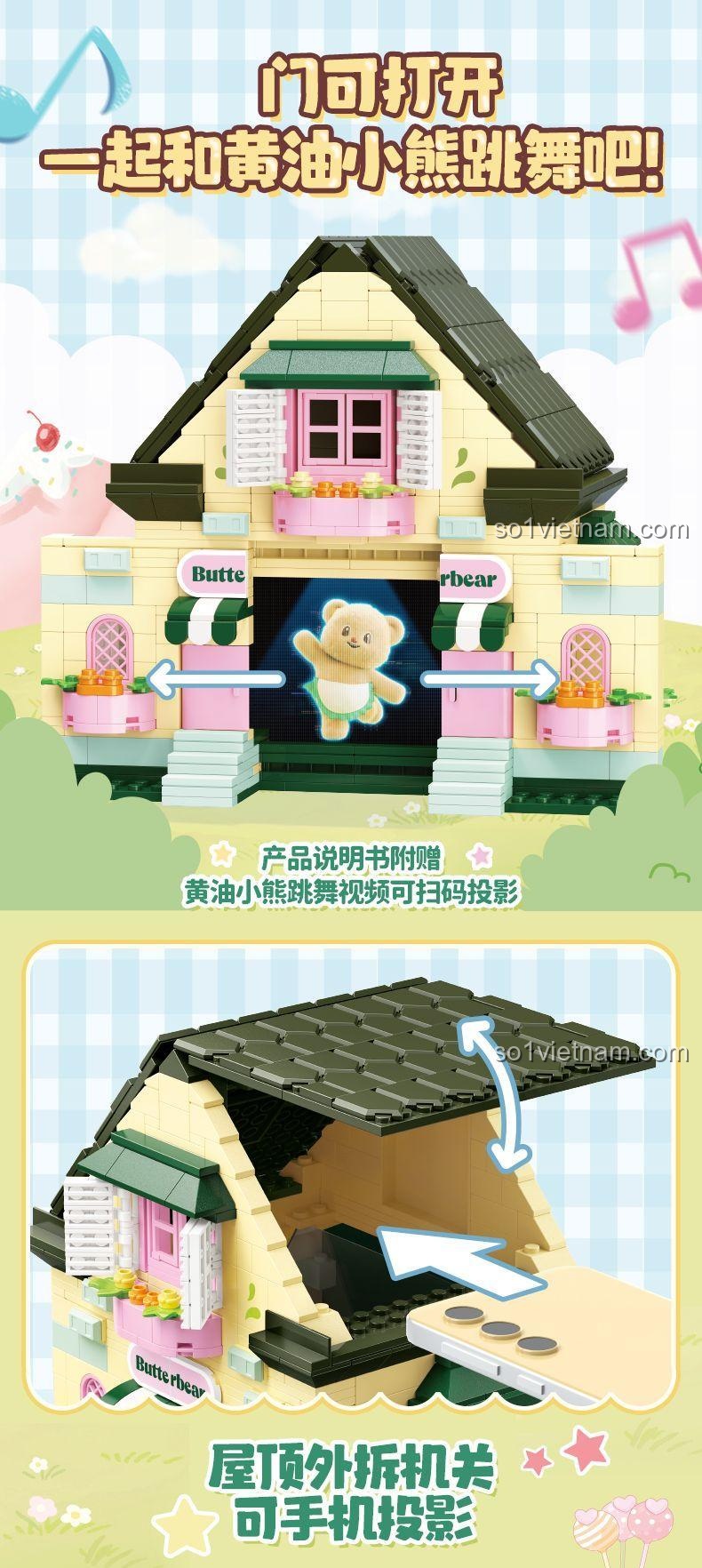 Ngôi nhà Bơ Gấu TOP TOY TC2058 với cửa có thể mở, có đèn LED, âm thanh, chiếu video nhảy múa, mái nhà tháo rời, đồ chơi giáo dục STEM cho bé gái 8 tuổi