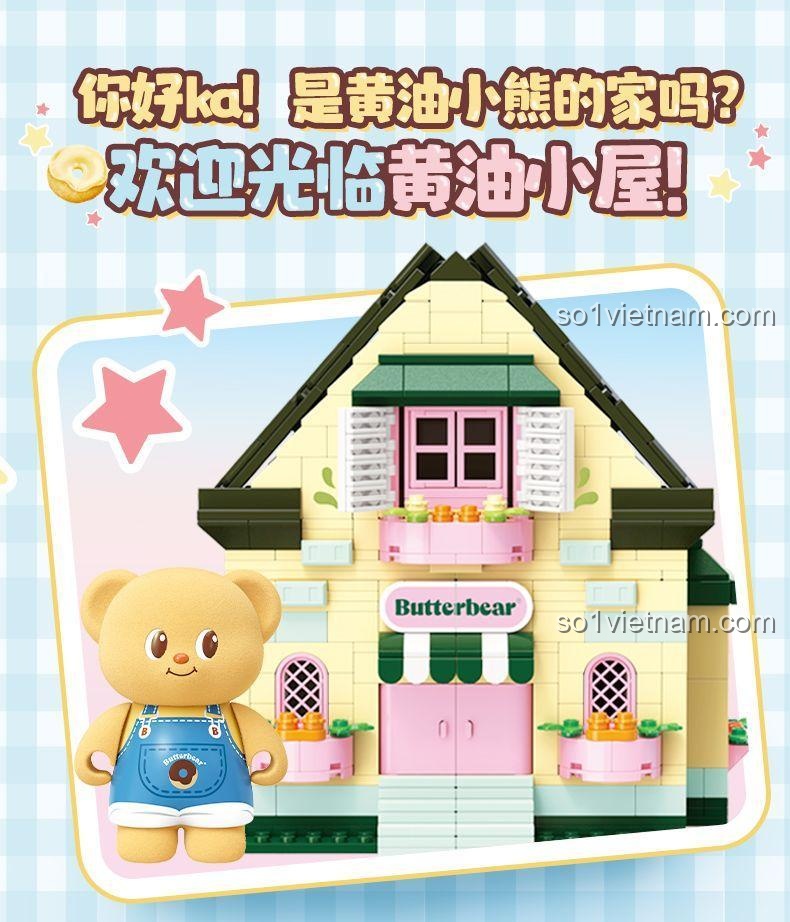 Ngôi nhà Bơ Gấu TOP TOY TC2058 với chú thích "Xin chào! Đây có phải là nhà của Bơ Gấu không?", có đèn LED, âm thanh, chiếu video nhảy múa, cửa mở, mái nhà tháo rời, đồ chơi giáo dục STEM cho bé gái 8 tuổi