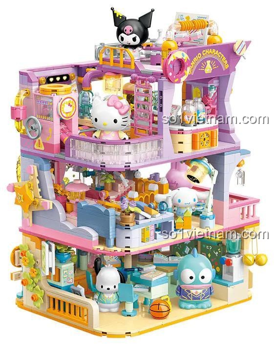 Mô hình 3 tầng của Học Viện Sanrio kết hợp, với các nhân vật Sanrio ở mỗi tầng, chi tiết phức tạp