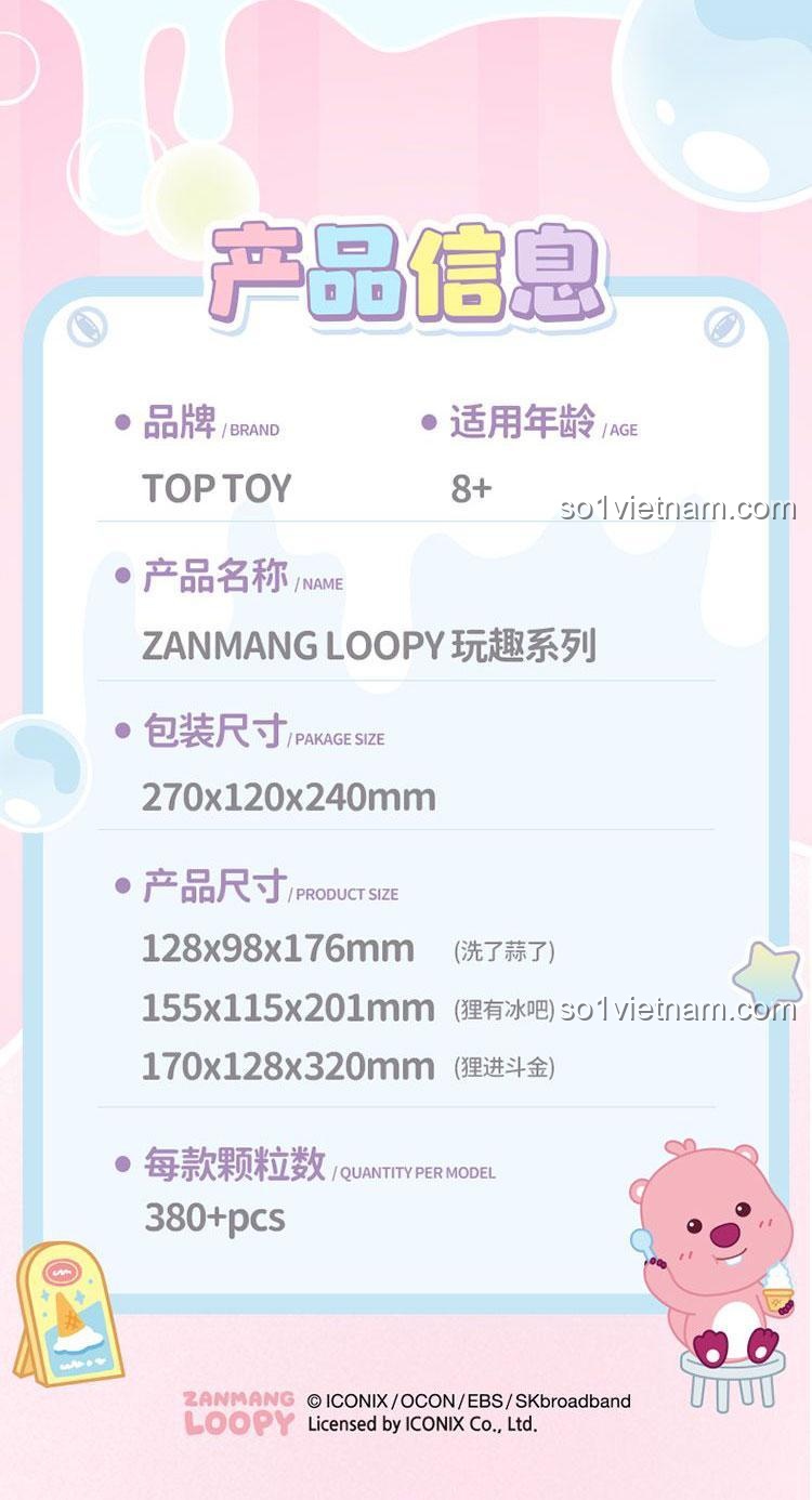 Poster chi tiết các tính năng của bộ lắp ghép Máy Kéo Vàng Loopy TC2330, nhấn mạnh cơ chế hoạt động và đèn LED.