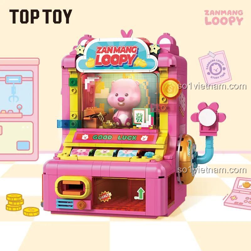 Ảnh hộp của bộ đồ chơi TOP TOY TC2330 Máy Slot Machine Loopy, thể hiện nhân vật Loopy đáng yêu và các đồng xu vàng.