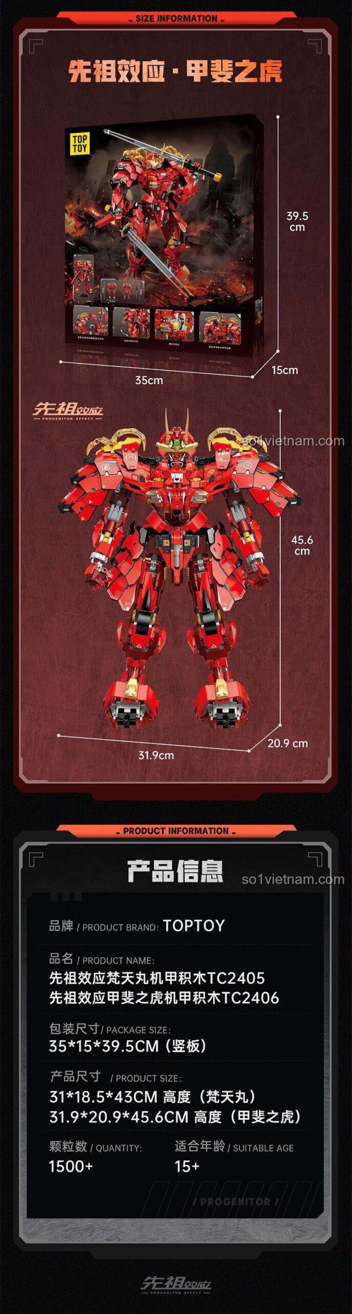 Thông tin sản phẩm Mô hình Robot Mecha "Tiên Tổ Hiệu Ứng" Date Masamune TC2405, bao gồm tên, hãng sản xuất, số chi tiết, kích thước.